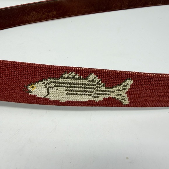 Smathers and Branson Needlepoint Belt Fish Red Canvas Brass Buckle Size 48 - Picture 6 of 10